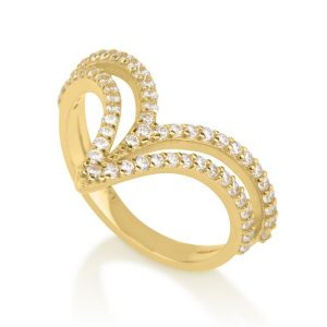 טבעת דאבל ויקטורי- זהב צהוב 14K - תכשיטי זהב מעוצבים - תכשיטי זהב משובצים - טבעת זהב וי - טבעות זהב זולות - תכשיטי זהב זולים