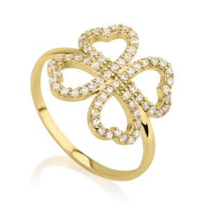 טבעת Clover – זהב צהוב 14K - תכשיטי זהב מעוצבים - תכשיטי זהב משובצים - טבעת תלתן - טבעת משובצת
