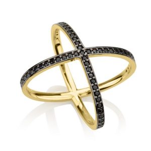 טבעת פקטור- אבנים שחורות- זהב צהוב 14K- טבעות זהב