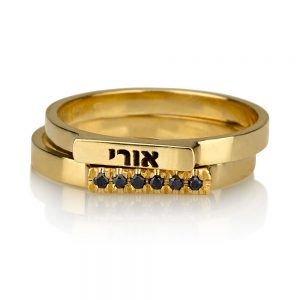 טבעת חריטה קלאסית + טבעת קלאסית בשיבוץ יהלומים שחורים - זהב 14K